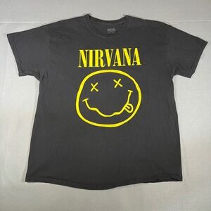 Nirvana Smiley‎ Face T Shirt Graphic Tee Black Mens Large Grunge Band Rock